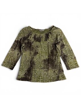 OUNIYA Chinese Fashion Green & Brown Pattern Beaded Ruffle Neck Mesh Blouse